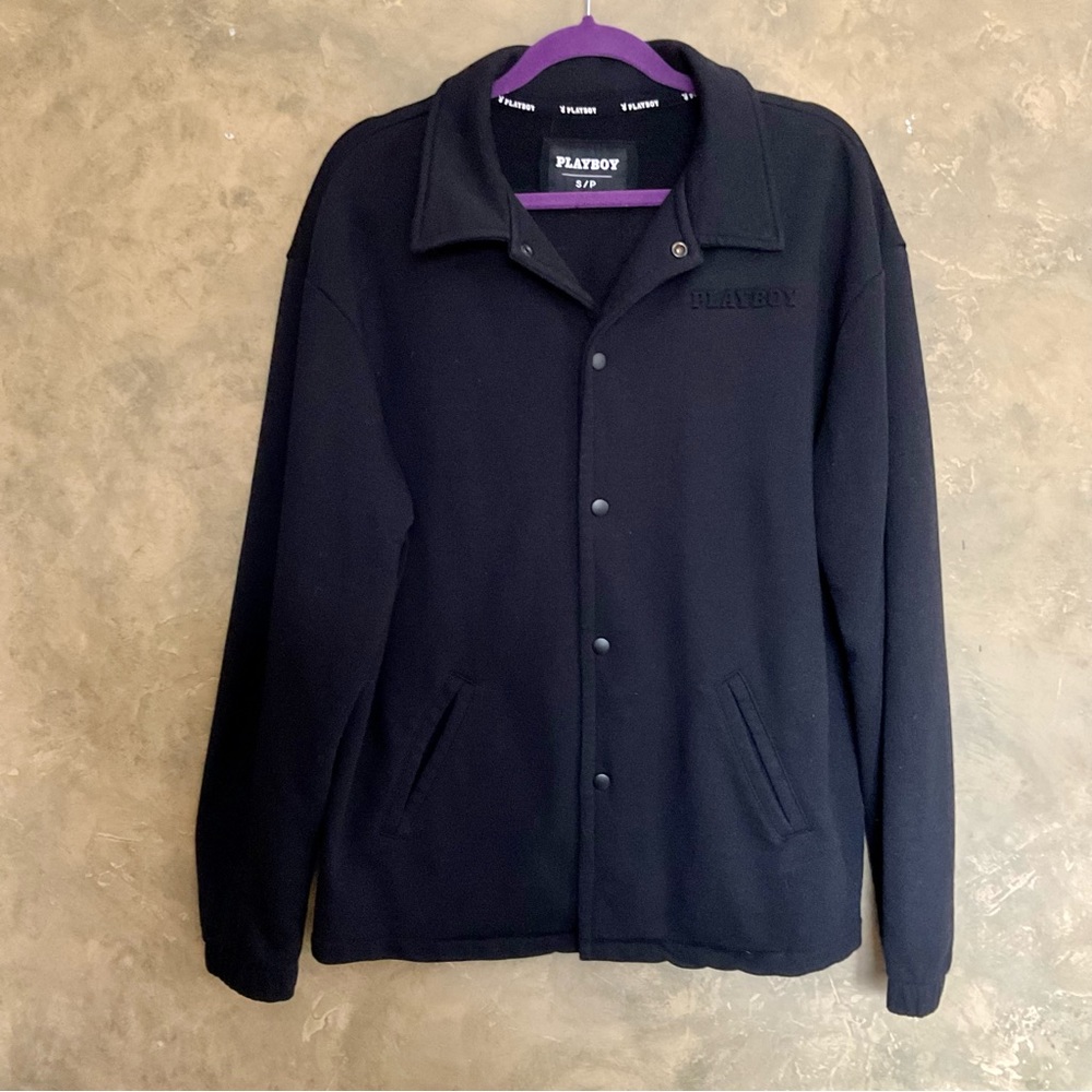 Playboy Embossed Bunny Logo Oversized Snap Front Shirt Jacket Black S